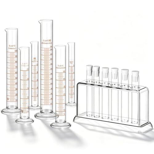 Tellegloww Juego de 6 cilindros graduados de vidrio de 5 ml, 10 ml, 25 ml, 50 ml, 100 ml, 250 ml, tubos de ensayo de vidrio con estante para laboratorio, ciencia, química, suministros para el hogar