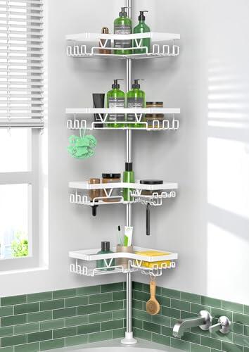 Kegii Estantería Ducha Telescópica Esquina 4 Niveles Blanca, Acero Inoxidable 63.5-290 cm, Organizador Baño para Gel, Champú, Toallas - Ideal Esquina Ducha/Bañera