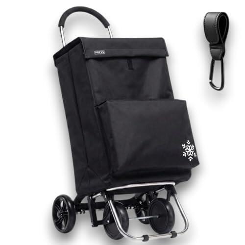 POPYS® Carro de la Compra de 50L + Gancho Multiusos de Regalo con Compartimento Refrigerante | Carrito Compra de 4 y 2 Ruedas Ideal para Supermercado (Requiere Montaje) (Negro.)