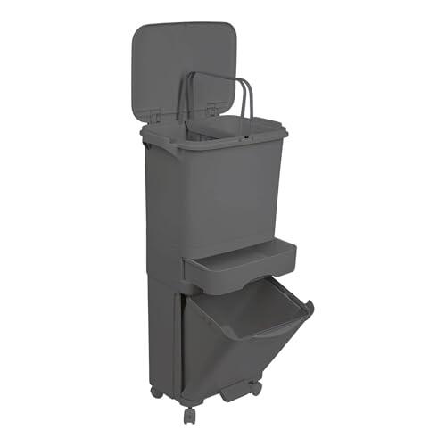 Papelera de reciclaje de clasificación selectiva con pedal, ruedas y asa de triple compartimento de 42L (24L + 4L + 14L) gris antracita