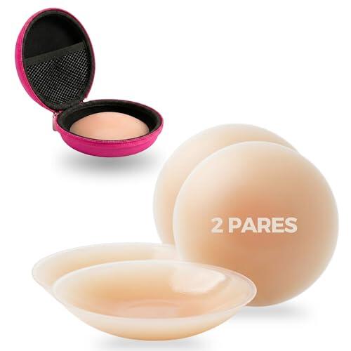 Pezoneras Adhesivas Invisibles Premium (8cmØ)-Cubre Pezones Reutilizables de Silicona Ultra Fina-Adhesivo Biológico-Hipoalergénicas-Resistentes al Sudor y Agua-Incluye Estuche (Champán - 2 Pares)