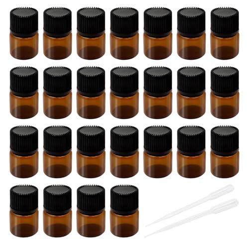 Larebidtex Set de 25 Botellas de Vidrio Marrón de 2 ml para Aceites Esenciales, Incluye Cuentagotas y Reductores de Orificio, Perfectas para Aromaterapia, Spa, Masaje