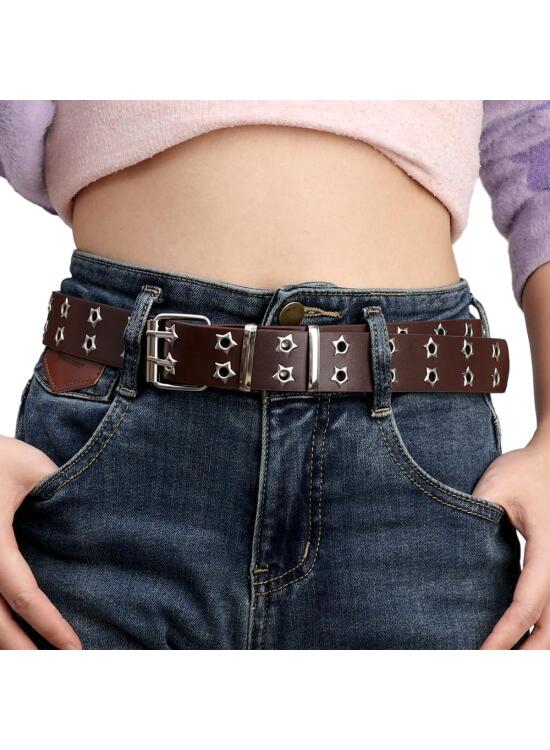 Cinturón de doble fila estilo punk de 45 pulgadas, cinturón gótico con remaches de estrella, hebilla de doble aguja, cinturones de poliuretano, cinturones de moda para hombres y mujeres