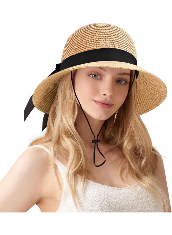 Sombrero de Paja Sombrero De Playa para Mujer De Verano De Paja De ala Ancha Plegable, Borde Suave Transpirable Grande Ancho Sombreros De Sol con Cuerda Ajustable