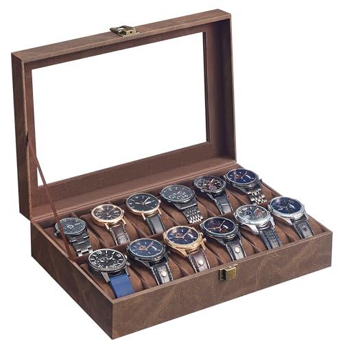 SONGMICS Caja de Relojes con 12 Compartimentos, Estuche de Relojes con Tapa de Cristal, Cojín Extraíble, Cierre Metálico, Regalo, Cuero Sintético Marrón Café y Forro Marrón Café JWB120KQ02