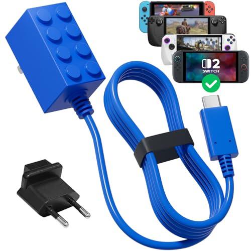 POWKONG 65W Cargador Switch Compatible con Nintendo Switch 2, Cargador USB C Carga Rapida para Switch 2/Steam Deck, Adaptador de CA para Modo TV, 1,5M Azul Diseño de Bloques de Construcción