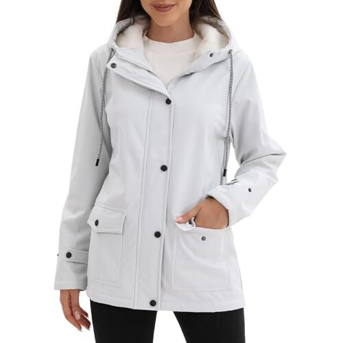 chiguomaoyi Mujeres Chaquetas impermeables al aire libre Softshell Chaqueta con capucha Windbreak Impermeable para el otoño invierno (Blanco,L)