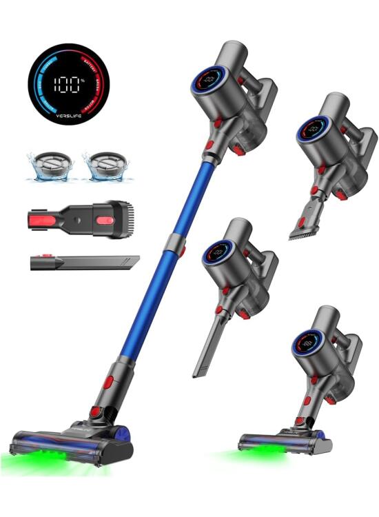 VersLife Aspiradora sin Cable 40KPA/500W,Z8 Escoba Inalámbrica Potente con Pantalla LED,Luz Verde,Diseño Autoportante,45 Min de Autonomía,para Pelo de Mascotas,Suelo y Alfombra