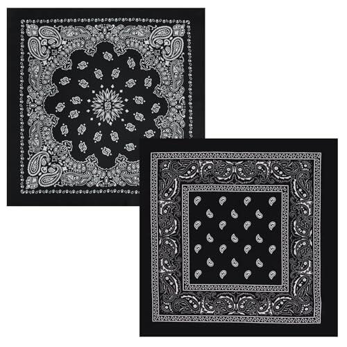 AuraFusion Bandana – Set de 2 Bandanas con diseño de paisley negro, 22x22 pulgadas de algodón para hombres y mujeres, versátil como cinta para la cabeza, pañuelo o mascarilla facial