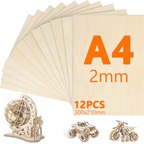 12 Piezas Contrachapado A4, 300mm×210mm Contrachapado 2mm, Tablones de Madera, Maderas para Bricolaje para Manualidades, Modelismo, Procesamiento Láser, Pirograbado, Decoración, Pintura