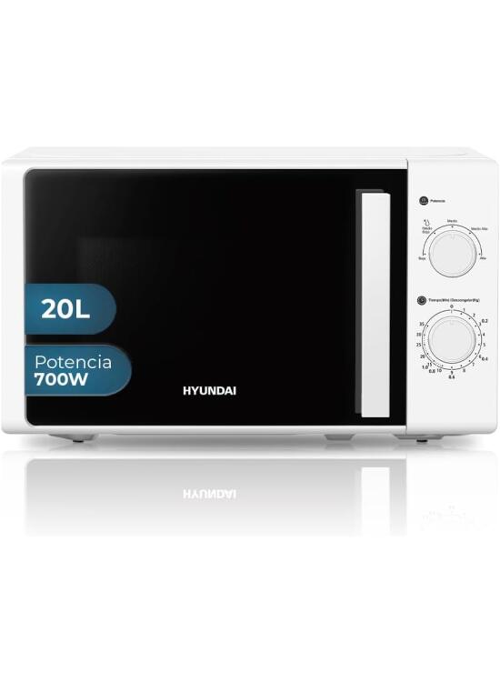 Hyundai Microondas 20 Litros Básico Blanco HMW2701. 700W, 5 Programas, Modo Descongelación, Revestimiento Interior, Fácil Limpieza, Temporizador 35min.
