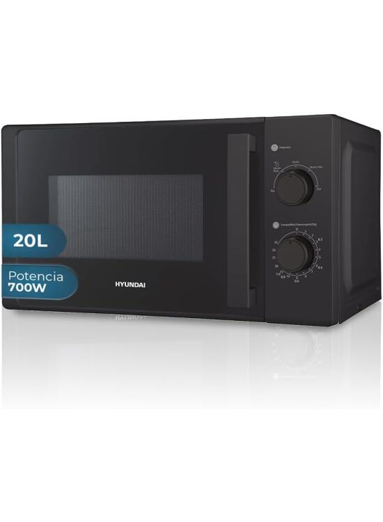 Hyundai Microondas 20 Litros Básico Cristal negro HMW2700N. 700W, 5 Programas, Modo Descongelación, Revestimiento Interior, Fácil Limpieza, Temporizador 35min.