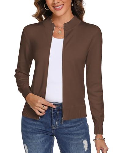 Aottori Cárdigan de Punto con Cremallera para Mujer,Chaqueta de Punto Sueter Manga Larga Abrigo Suéter Rebeca Chaqueta de Jerseis Marrón-1 S