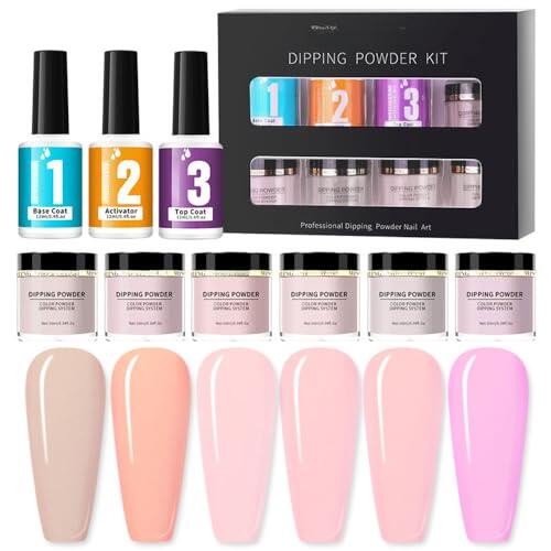 Kit de polvo de inmersión de uñas de 6 colores con base, activador y capa superior para manicura francesa, no requiere lámpara UV/LED, arte de uñas DIY para principiantes y entusiastas