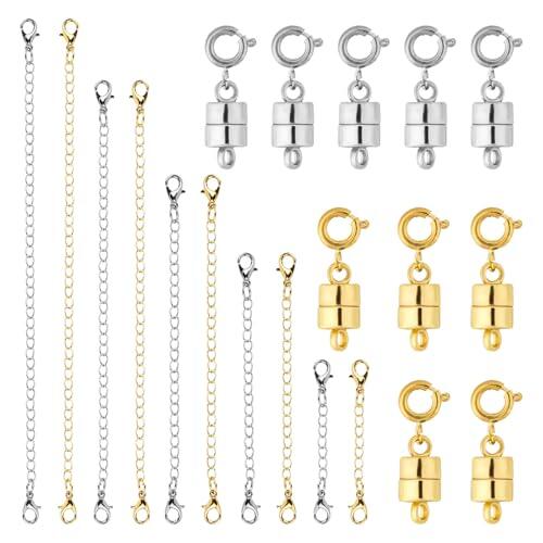 20uds Juego de Extensores Collar y Cierre Magnético, Extensores de Cadena Oro y Plata con Cierre Magnético para Collar Joyería Pulsera