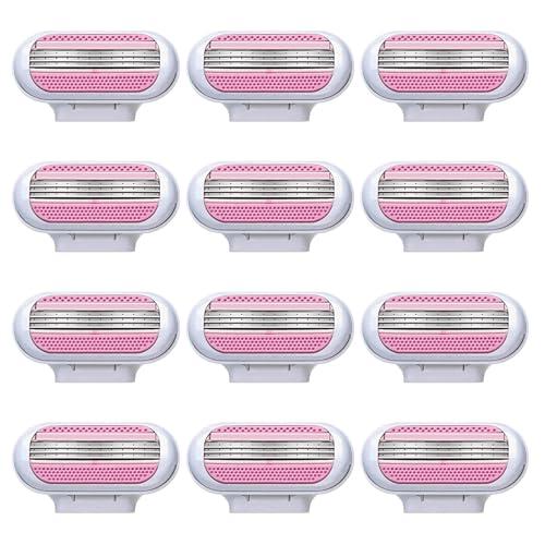 12 Piezas Recambios Maquinilla Depilación Mujer, Cuchillas Acero Inoxidable Mujer, Compatibles con Mangos Venus, Cuchillas de 3 Hojas, Bandas Lubricantes Hidratantes para un Afeitado, Rosa
