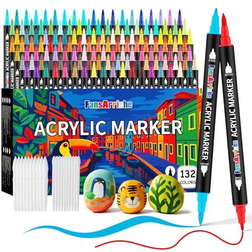 FansArriche 132 Colores Marcadores Acrílicos, de Doble Punta con Punta Fina y Punta de Pincel, Rotuladores para Piedra, Madera, Vidrio, Lienzo, Tela y Proyectos de Artesanía