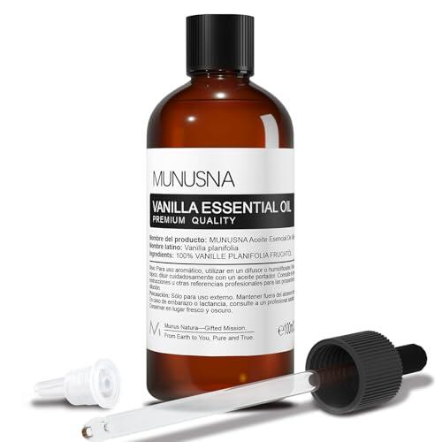 Aceite Esencial Vainilla 100ML, MUNUSNA Aceites Esenciales Naturales Puros para Humidificador Difusor, Aceite de Vainilla para Jabones de Bricolaje, Velas Aromas, Vanilla Oil