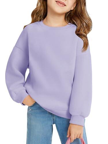 Haloumoning Sudadera para niña de cuello redondo de gran tamaño, ligera, deportiva, manga larga, monocolor, básica, manga larga, tops 5-14 años, morado, 9-10 años