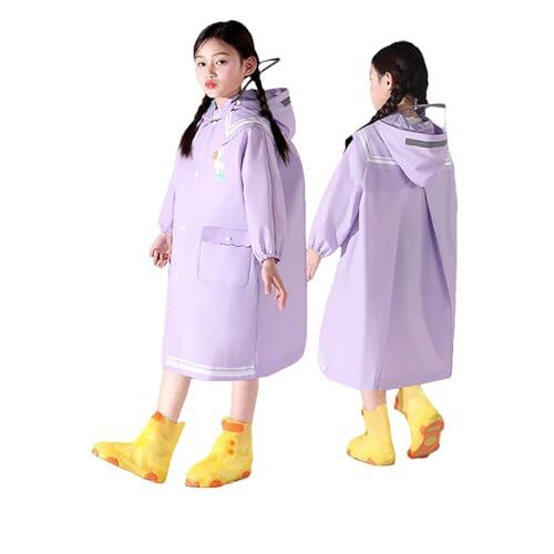Chubasquero para niños con compartimento para mochila escolar, cobertura con capucha, protección resistente al agua, reflectante, seguridad para 8-14 años, morado claro, 10-12 años