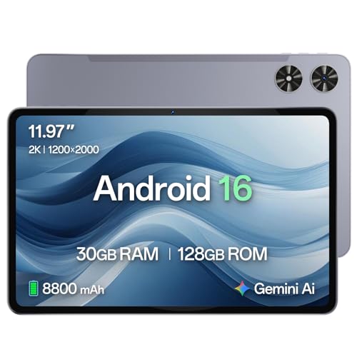 Tableta de 12 Pulgadas, Android 15, Pantalla Grande 2K Full HD (2000 x 1200), 24 GB RAM (6+18) + 128 GB ROM, Octa-Core, Cámara 13+5 MP, 8000 mAh, Widevine L1, Wi-Fi 2,4G/5G, BT 5.0, GPS