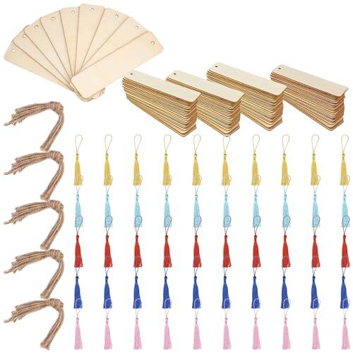 150 Piezas Marcapáginas De Madera En Blanco Kit, 50 Piezas Marcadores De Libros Con Agujeros, 50 Borlas Y 50 Cuerdas De Cáñamo, Etiqueta De Madera Rectangular, 12 X 3.2cm