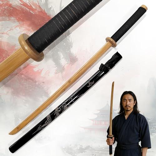 Katana Bokken con vaina - Versión de madera de bambú - Espada de entrenamiento tradicional para artes marciales, cosplay y decoración - Katana de entrenamiento ligero para principiantes y