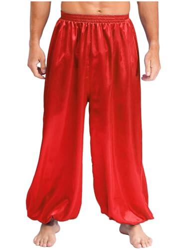 Riismen Pantalones De Harén para Hombres Disfraz De Príncipe Árabe Pantalones Bombachos Satén Holgados Hippies Baile Disfraz Rojo L