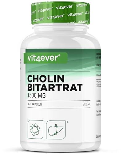 Cápsulas de colina – 365 cápsulas con 1500 mg de bitartrato de colina por dosis diaria – más de 6 meses de suministro – hígado, homocisteína y metabolismo de las grasas – natural, alta dosis, vegano