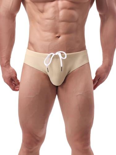 Summer Code Bañador de Natación Slip Hombre Ropa de Baño Secado Rápido con Cordón Interno Ajustable, Beige, Large