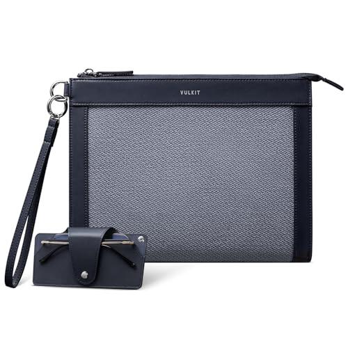 VULKIT Bolso de mano para hombre, con funda extraíble para gafas, cartera grande con cremallera, bolso de negocios, azul marino, Medium