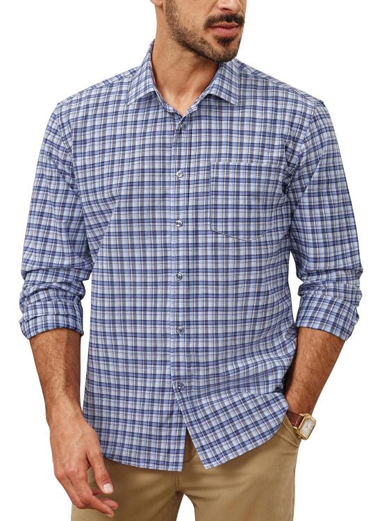 PJ PAUL JONES Camisa a cuadros de manga larga con bolsillo para hombre