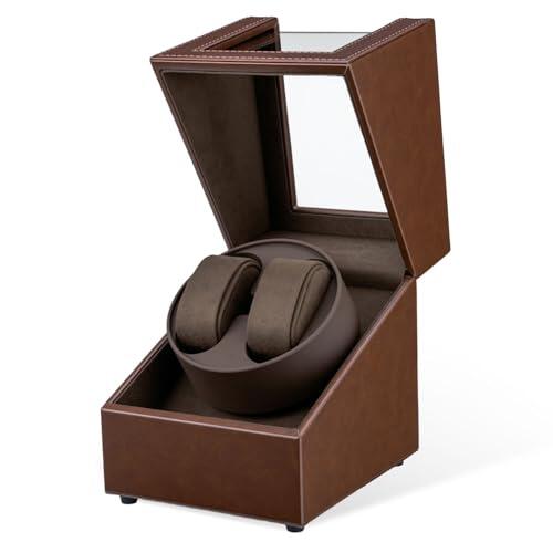 Mcbazel Caja Giratoria para 2 Relojes,Watch Winder Automático Caja Giratoria para Relojes de Pulsera con 2 Ranuras, Diseño de Piel de Cocodrilo - Marrón