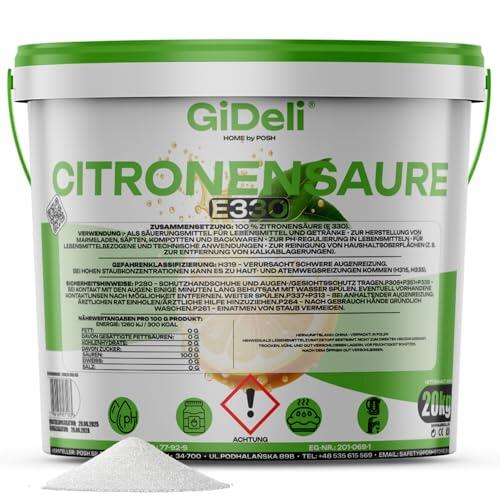 GiDeli Ácido cítrico de calidad alimentaria en polvo monohidrato 20000 g puro E330 cristales calidad de limpieza descalcificador acidulante sin azúcar en cubo resellable 20 kg