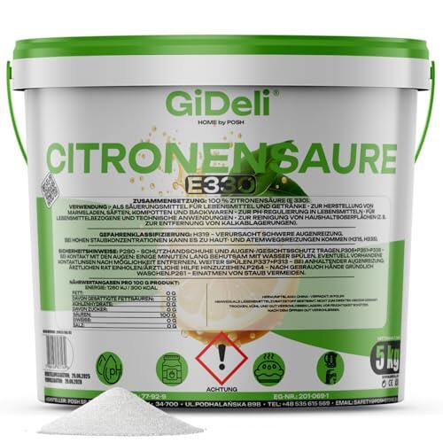 GiDeli Ácido cítrico de calidad alimentaria en polvo monohidrato 5000 g puro E330 cristales calidad de limpieza descalcificador acidulante sin azúcar en cubo resellable 5 kg