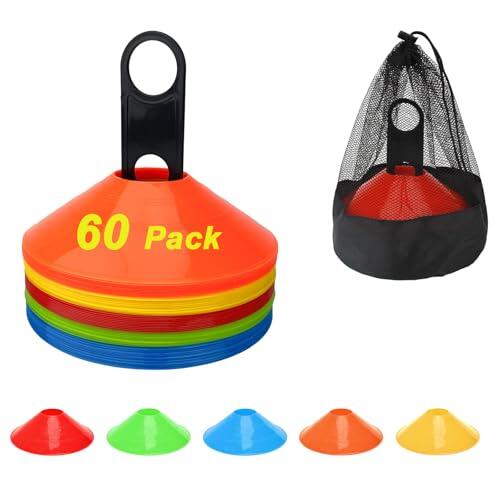 BIRDDIE Paquete de 60 conos de entrenamiento de fútbol, conos deportivos de fútbol, conos de agilidad con bolsa de transporte y soporte para taladros, baloncesto, entrenamiento, equipo de práctica, 5