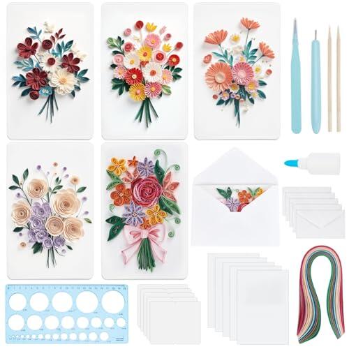 WEBEEDY Juego de 20 juegos de tarjetas de felicitación de ramo de bricolaje, kit de filigrana de papel con instrucciones para adultos principiantes, 5 estilos de combinaciones de flores, kit de