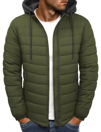 Xnova Chaqueta Acolchada Hombre Invierno Ligera Impermeable Cazadoras Entretiempo con Cremallera Chaquetas Softshell de Plumas Plumiferos Sudadera con Capucha Desmontable, Verde Militar, XXL