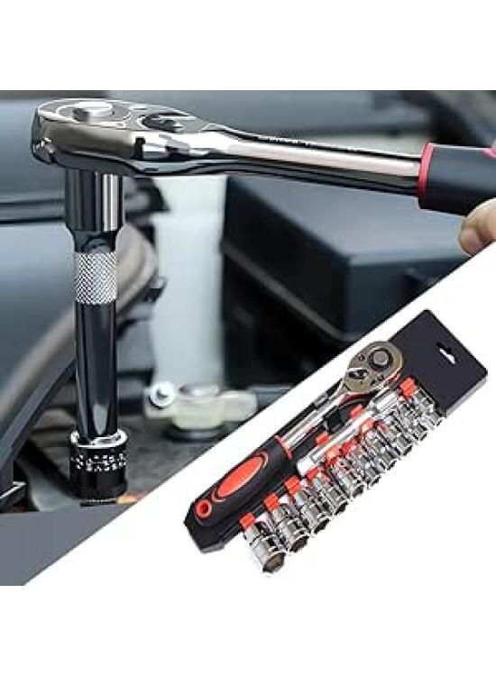 Juego de 12 llaves de trinquete de 1/4 pulgadas, juego de herramientas de enchufe de accionamiento con barra de extensión de conector de 6 pulgadas y 10 enchufes (4-13 mm) para reparación de