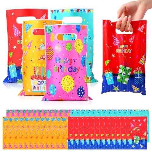 Brencco 50 Piezas Bolsas Cumpleaños Infantil, Bolsas Regalo para Cumpleaños, Fiestas y Regalos Plastico de 4 Colores 16.5×25 cm