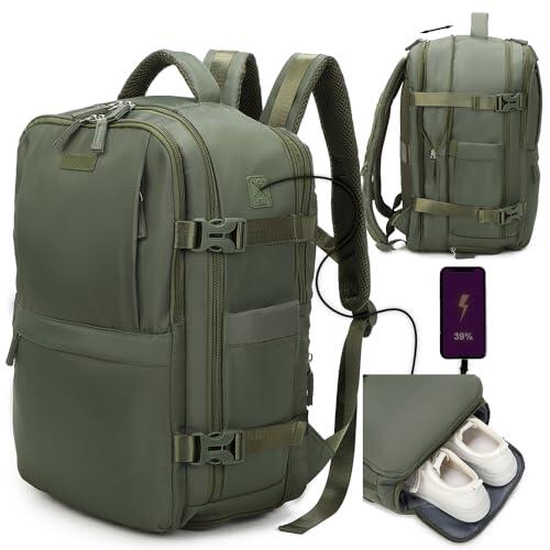 1990s Mochila de viaje cabina expandible para Ryanair 40x25x20-25cm,con bolsa de zapatillas,mochila casual impermeable extensible compatible con portátil 14"- VerdeMilitar