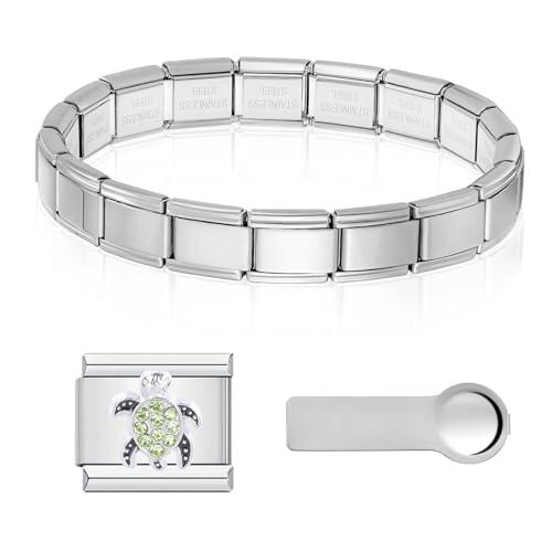 Kit de inicio 3 en 1 para pulseras italianas con dijes, pulsera de eslabones italianos dorados de acero inoxidable de 9 mm con dijes y herramienta de extracción (Tortuga)