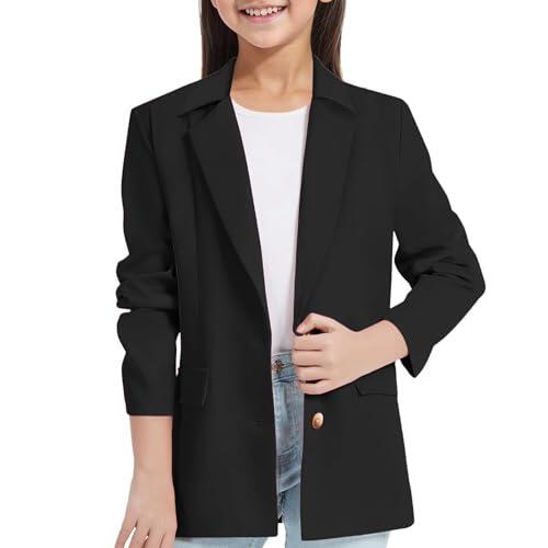 Camisa para niños 152 Blazer para niñas, mangas largas, cuello con bolsillo interior, abertura frontal, traje de blazer casual para niños Camiseta para jóvenes niñas, Negro , 11-12 años