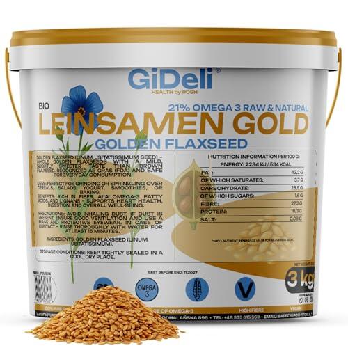 GiDeli Semillas de lino doradas, 3 kg, semillas crudas enteras Omega-3 y fibra, ideal para batidos, cereales, hornear y ensaladas (3000 g)