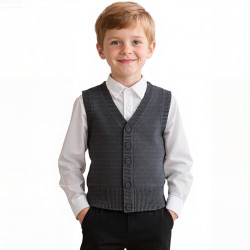 Yanmucy Chaleco de punto para niños y niñas, cuello en V, sin mangas, suéter de punto para uniforme escolar, camisa a juego, cárdigan para niños de 5 a 14 años, gris, 5-6 años