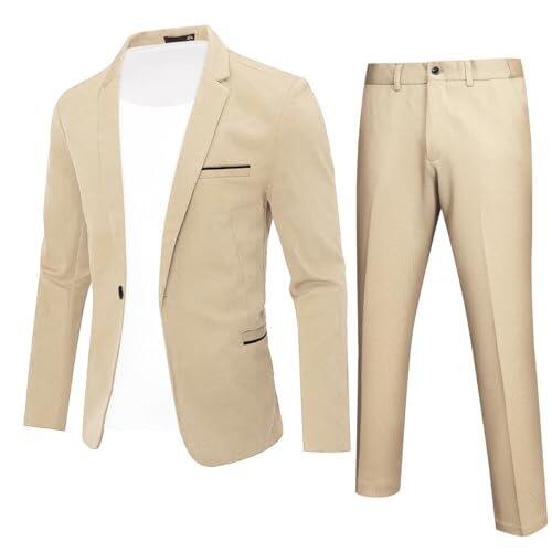 YFFUSHI Traje Hombre 2 Piezas Slim Fit 1 Botón Clásico para Ceremonia Boda Negocios Chaqueta y Pantalón, Caqui, L