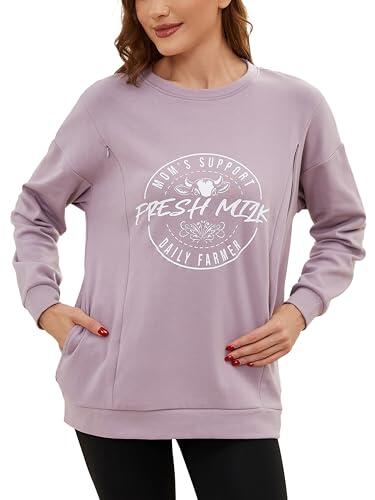 Love2Mi Sudadera de manga larga para mujer con cierre invisible para amamantar con bolsillo, suéter informal para lactancia, Rosa., XL