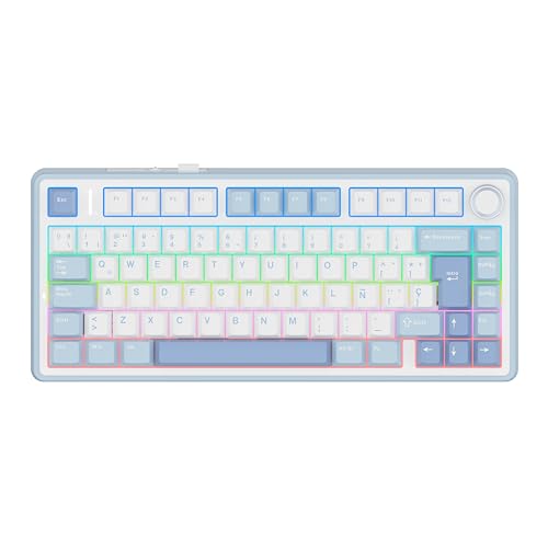 EPOMAKER Aula F75 ISO-ES Teclado Mecánico Español con Perilla, Teclado Inalámbrico Gaming, BT/2.4G/USB, Gasket Cremoso, Retroiluminación RGB, Hot-Swap, 75%, PBT Keycap (Azul Sal Marina)