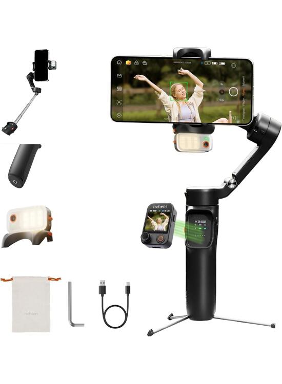 Hohem iSteady V3 Ultra Gimbal para iPhone/Android, Estabilizador de Móvil con Seguidor AI Magnético, Control Remoto Desmontable, Barra Extensible y Trípode, Gimbal para Móvil(Negro)