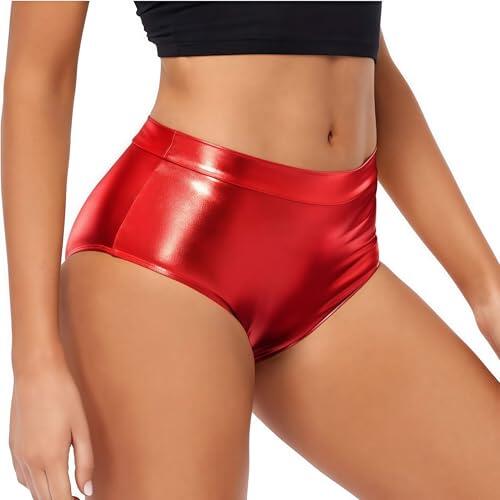 NewL Pantalones cortos metálicos para mujer, sexy, de cintura alta, brillantes, para rave, baile, festival, discoteca, fiesta de cosplay, Rojo -, M
